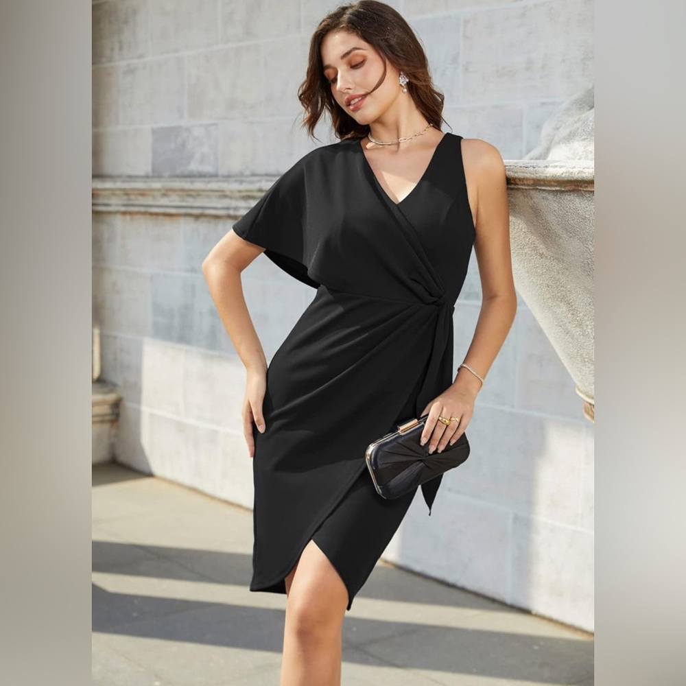 Grace Karin formal Midi Dresses Wrap V-Neck Asymmetrical Flared Short Sleeves